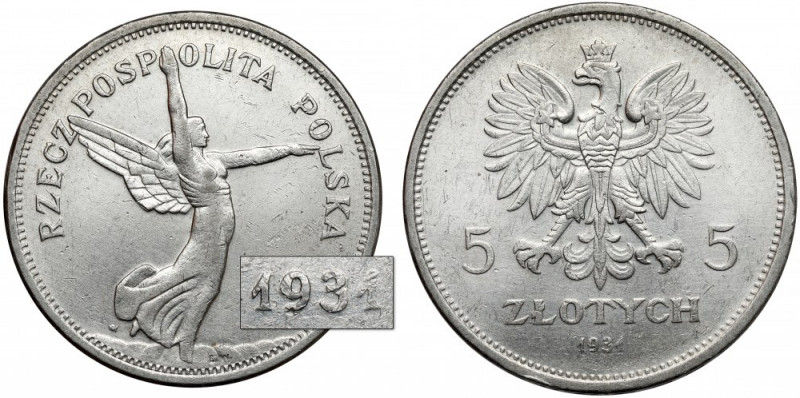 Nike 5 złotych 1931 - rzadka Rzadki, ceniony rocznik Nike. Ładnie zachowany, nat...