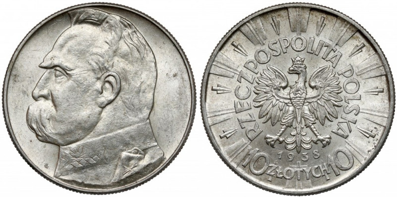 Piłsudski 10 złotych 1938 Praktycznie nieobiegowy, nieznaczne przetarcie reliefu...