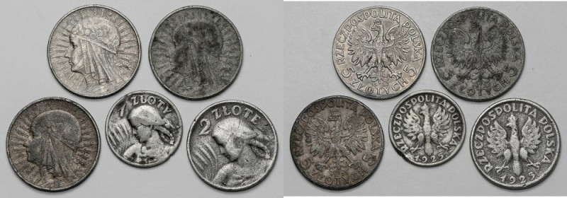 1, 2 i 5 złotych 1925-1933 - fałszerstwa z epoki (5szt) Metal niemagnetyczny.&nb...