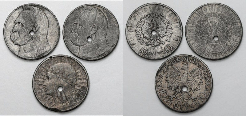 10 złotych 1932-1936 - skasowane - fałszerstwa z epoki (3szt) Falsy skasowane w ...