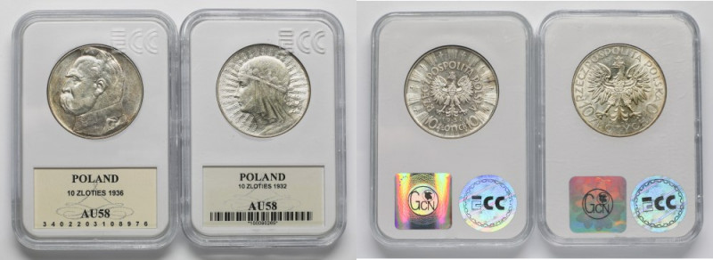 Głowa Kobiety 10 złotych 1932 zn, Warszawa i Piłsudski 10 złotych 1936, zestaw (...