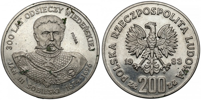 Próba NIKIEL 200 złotych 1983 Jan III Sobieski Wykwity nalotu na stronie portret...