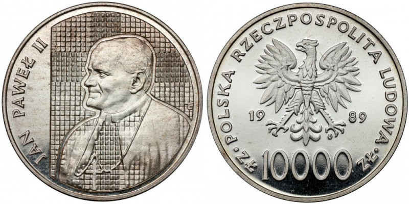 10.000 złotych 1989 Jan Paweł II - na kratce Uszkodzona pokrywka kapsla. Moneta ...