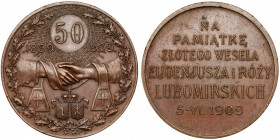 Medal Złote Wesele Lubomirskich 1859-1909 - rzadki Bardzo rzadki medal wybity na pamiątkę złotego wesela Eugeniusza i Róży Lubomirskich. Niesygnowany....