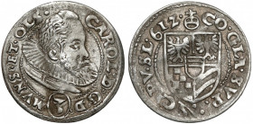 Śląsk, Karol II, 3 krajcary 1612, Oleśnica - szeroka kryza Odmiana z popiersiem starego typu (z szeroką kryzą) i znakiem menniczym hak. Dwukrotnie, le...