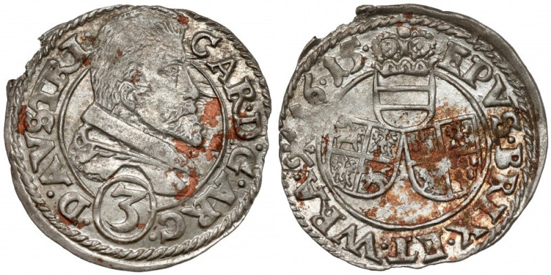 Śląsk, Karol Austriacki, 3 krajcary 1615, Nysa Przebarwienia, ale piękna świeżoś...