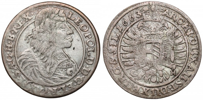 Śląsk, Leopold I, 15 krajcarów 1663 GH, Wrocław Odmiana z popiersiem szeroki, w ...