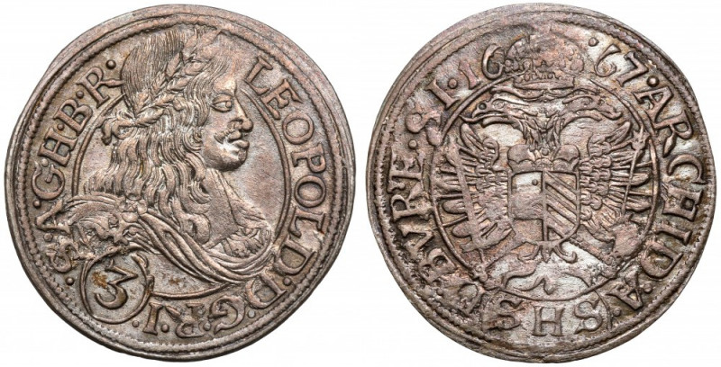 Śląsk, Leopold I, 3 krajcary 1667 SHS, Wrocław Odmiana z szarfami pod koroną. 
...