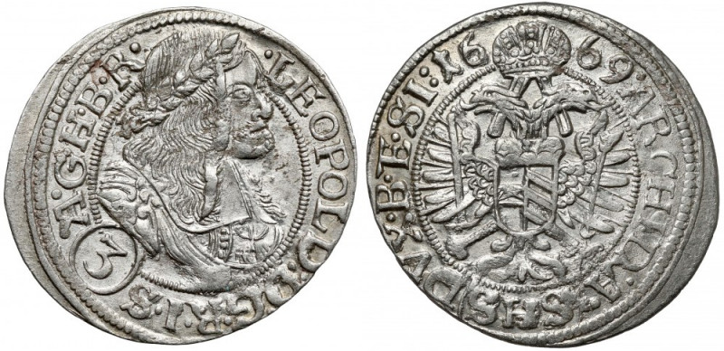 Śląsk, Leopold I, 3 krajcary 1669 SHS, Wrocław Moneta menniczej świeżości, wady ...