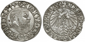 Prusy, Albrecht Hohenzollern, Grosz Królewiec 1543 Bardzo ładny egzemplarz. Piękne, świeże lustro po obu stronach i ładnie zachowany relief. Reference...
