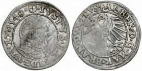 Prusy, Albrecht Hohenzollern, Grosz Królewiec 1548 - rzadki Rzadki rocznik groszy Albrechta. Lekko gięty, z ładnym połyskiem. 
Reference: Kopicki 379...