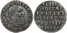 Prusy, Albrecht Hohenzollern, Trojak Królewiec 1542 Przedstawiciel pierwszego rocznika nowego typu popiersia. Dobry detal, ciemna, gruba patyna, 
Ref...
