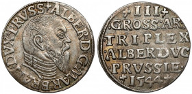 Prusy, Albrecht Hohenzollern, Trojak Królewiec 1544 Ładna prezencja. Odmiana z popiersiem w długim kołnierzu. 
Reference: Iger Pr.44.2.b (R1)
Grade:...