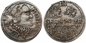 Kurlandia, Wilhelm Kettler, Trojak Mitawa 1598 Pierwszy rocznik trojaków księcia Wilhelma. Odmiana legendowa z CVR na awersie. Data rozstawiona wąsko,...