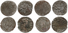 Wolne Miasto Ryga, Szeląg ryski 1571-1577, w tym RZADKI (4szt) W zestawie m.in. bardzo rzadka odmiana szeląga 1577 - z odwróconą do góry nogami datą (...
