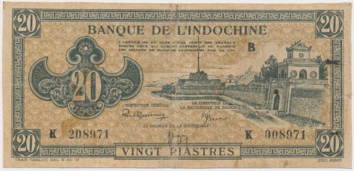 French Indo-China, 20 Piastres ND (1942-45) Reference: Pick 71
Grade: F 

FRE...