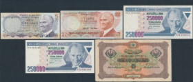 Turkey, set of banknotes (5pcs) 250 tys lira I st.1, pozostałe banknoty w st.4, 2+, 3+.&nbsp; 

TURKEY TURKEI