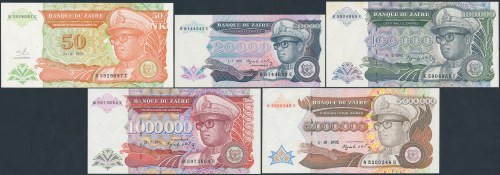 Zaire, 50 - 5 mln Zaires 1991-93 (5pcs) 
Grade: 1, 1/AU 

Republic of the Con...