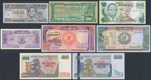 Ethiopia, Botswana, Sudan & Zimbabwe - banknotes lot (8pcs) Etiopia 1 dollar st....