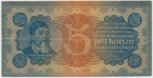 Czechoslovakia, 5 Korun 1921 Reference: Pick 15a
Grade: VF/VF+ 

Czechoslovak...