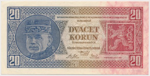 Czechoslovakia, 20 Korun 1926 - Lf Reference: Pick 21a
Grade: AU 

Czechoslov...