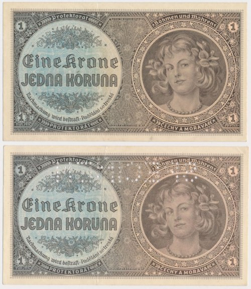 Bohemia and Moravia, 2x 1 Koruna ND (1940) circulated + SPECIMEN (2pcs) Referenc...