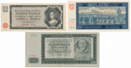 Bohemia and Moravia, SPECIMEN 50 - 1.000 Korun (3pcs) 50 korun st.2- 100 korun st.1- 1.000 korun st.3+ 
Reference: Pick 5s, 6s, 14s
Grade: 2-, 1-, 3...