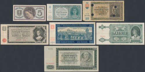 Bohemia and Moravia & Slovakia, lot of banknotes (7pcs) 5, 50 i 100 korun - perf...