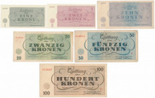 Czech Republic, Terezin Ghetto 1 - 100 Kronen 1943 (6pcs) Do pełnego kompletu brakuje 5 kronen. Reference: Pick C4111-4117
Grade: 5 do 1+/AU 

Czec...