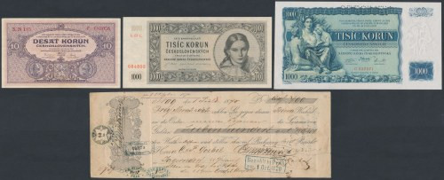 Czechoslovakia - banknotes lot (4pcs) 10 korun st.3+, obiegowy; 1.000 korun 1934...