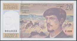 France, 20 Francs 1993 Podpisy: D. Bruneel & J. Bonnardin &&nbsp; A. Charriau. 
Reference: Pick 151f
Grade: UNC/AU 

France / Frankreich