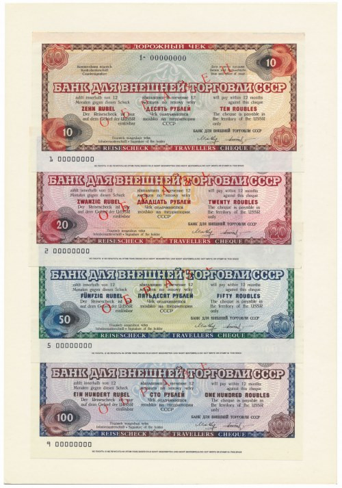 Bank Handlu Zagranicznego ZSRR, czeki podróżne SPECIMEN 10-100 Rubli 1987 - w fo...