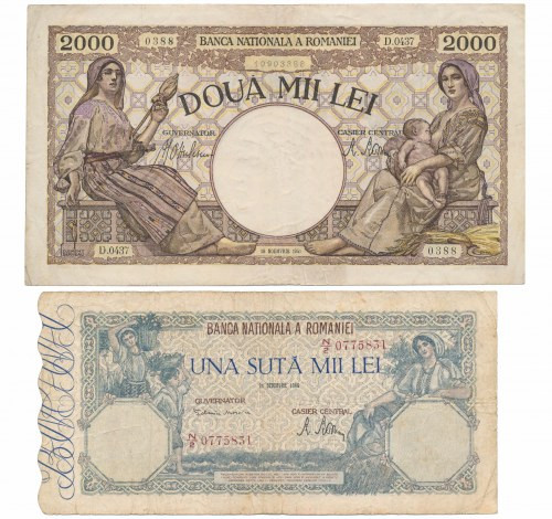 Romania, 2.000 & 100.000 Lei 1941-46 (2pcs) Reference: Pick 53, 58a
Grade: 4, 4...