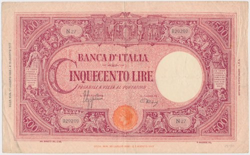 Italy, 500 Lire 1943 Reference: Pick 69
Grade: VF+ 

Italy