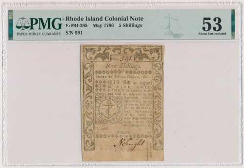 USA, Rhode Island 5 Schillings 1786 
Grade: PMG 53 

USA