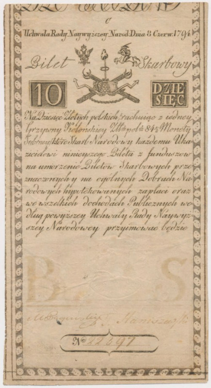 10 złotych 1794 - C - [PIETER DE VRIES &] COMP Banknot w naturalnym stanie zacho...