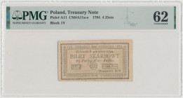 4 złote 1794 - (1)(Y) Wyjątkowo pięknie zachowany Bilet Skarbowy 4złp Insurekcji Kościuszkowskiej serii (1)(Y), stan zachowania oceniony wysoką notą p...