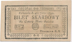 4 złote 1794 - (2)(E) Wyjątkowo pięknie zachowany Bilet Skarbowy 4złp Insurekcji Kościuszkowskiej, rzadziej występującej drugiej serii, należy pamięta...