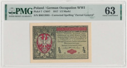 1/2 mkp 1916 Generał - numer 8613885 Bardzo ładnie zachowany banknot 0,5 marki polskiej 1916 z późniejszej emisji, zawierającej słowo „ ... Generał ” ...