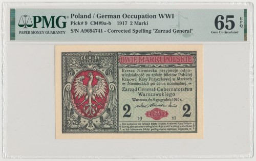 2 mkp 1916 Generał - A - rzadkość Wspaniale zachowana, rzadka odmiana banknotu 2...