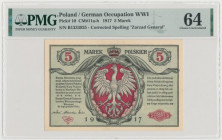 5 mkp 1916 Generał ...biletów - B Ostatnia odmiana pięciu marek. Piękny,&nbsp; bardzo świeżo &nbsp; egzemplarz.&nbsp; Banknot 5 marek polskich 1916 z ...