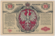 10 mkp 1916 Generał ...biletów Piękny, w praktycznie emisyjnym stanie zachowania banknot. Delikatnie złamany poziomo, ale zmiany pod światło rysują si...