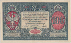 100 mkp 1916 Generał Mimo technicznej oceny 'tylko' 3+ banknot pięknej prezencji.&nbsp; Egzemplarz złożony jedynie na krzyż.&nbsp; Banknot praktycznie...