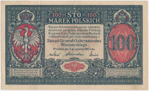 100 mkp 1916 Generał Piękny banknot.&nbsp; Trzy złamania pionowe i jedno lekkie ...