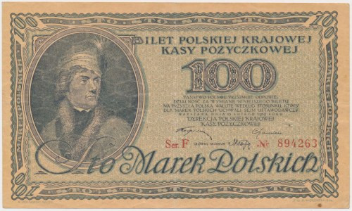 100 mkp 1919 - Ser.F Bardzo ładna.&nbsp; Złożona w pół, z lekkim zgięciem poziom...