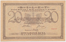 20 mkp 1919 - IH Bardzo atrakcyjny banknot.&nbsp; Bardzo delikatne, z trudem zauważalne złamanie centralne. Znikoma kreska pod światło widoczna jedyni...