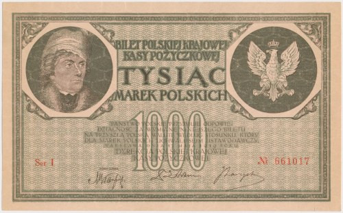 1.000 mkp 1919 - Ser.I Złamanie pionowe na prawo od środka, poza tym bez uwag.&n...