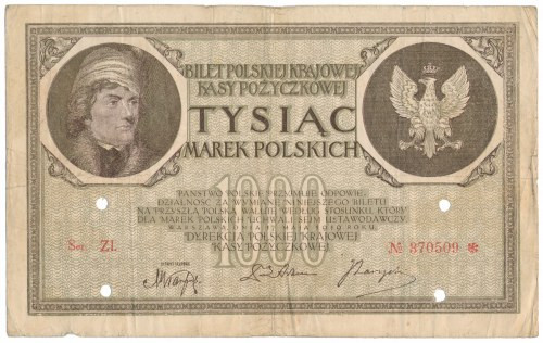 Fałszerstwo z epoki 1.000 mkp 1919 - Ser.ZI Egzemplarz skasowany jako fałszywy. ...