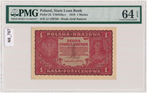 1 mkp 1919 - I Serja J Naklejka na slabie.&nbsp; Reference: Miłczak 23a
Grade: ...