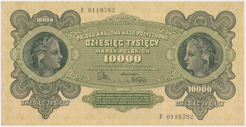 10.000 mkp 1922 - F Delikatne ugięcie pionowe i złamany koniuszek lewego, górneg...